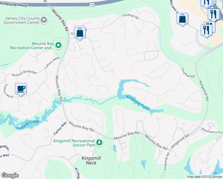 map of restaurants, bars, coffee shops, grocery stores, and more near 725 East Tazewells Way in Williamsburg