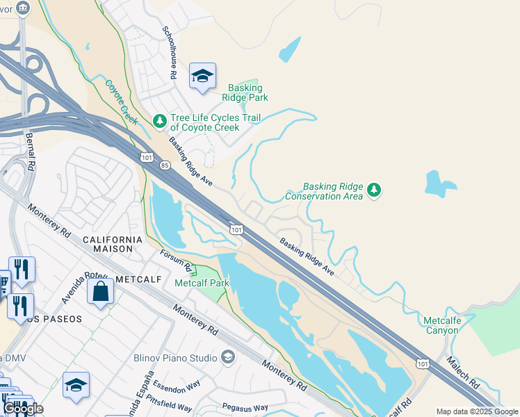map of restaurants, bars, coffee shops, grocery stores, and more near 7059 Goldenspur Loop in San Jose