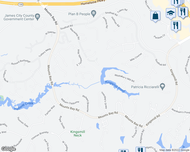 map of restaurants, bars, coffee shops, grocery stores, and more near 725 East Tazewells Way in Williamsburg