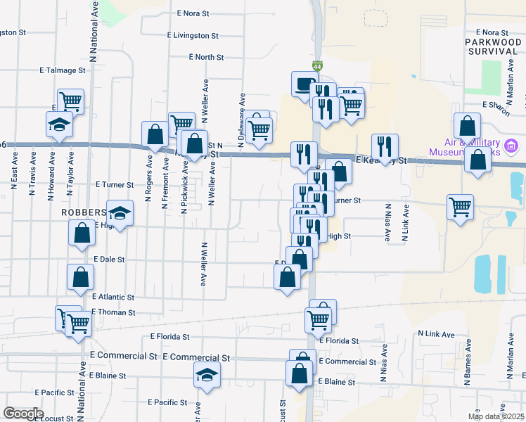 map of restaurants, bars, coffee shops, grocery stores, and more near 2226 North Avenue B in Springfield
