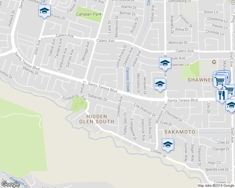 map of restaurants, bars, coffee shops, grocery stores, and more near 6106 Manteca Court in San Jose