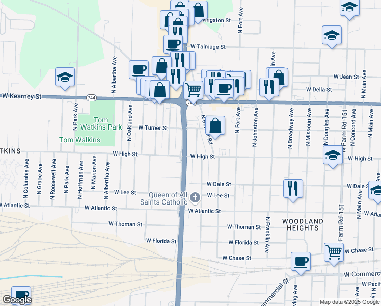 map of restaurants, bars, coffee shops, grocery stores, and more near 1511 West High Street in Springfield