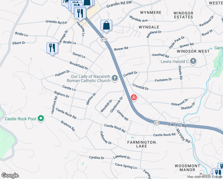 map of restaurants, bars, coffee shops, grocery stores, and more near 4741 Brookwood Drive in Cave Spring