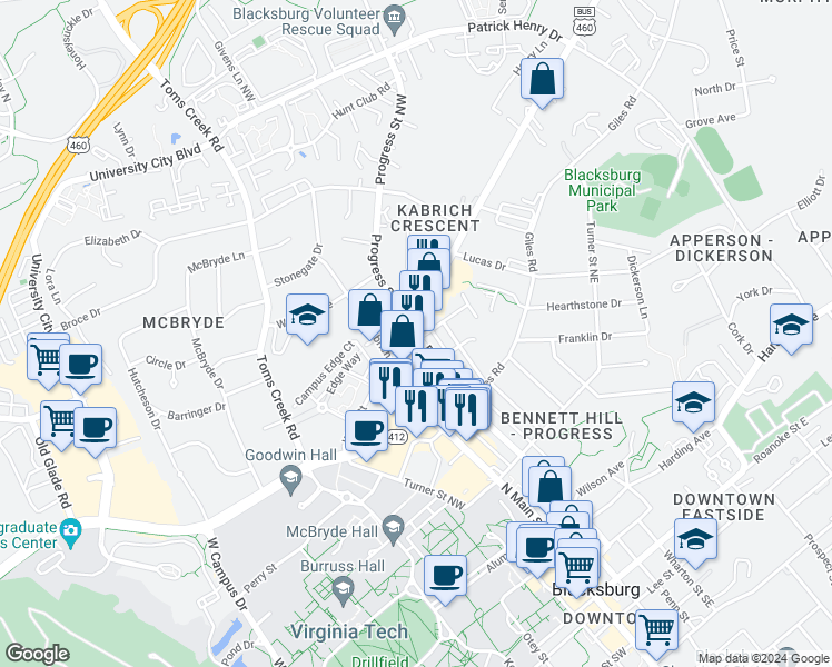 map of restaurants, bars, coffee shops, grocery stores, and more near 900 Progress Street Northeast in Blacksburg