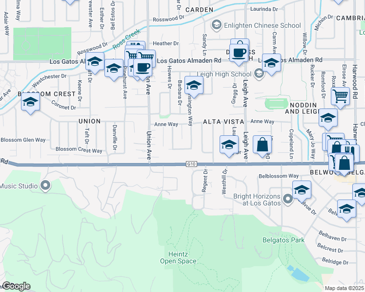 map of restaurants, bars, coffee shops, grocery stores, and more near 141 Cambrian View Way in Los Gatos
