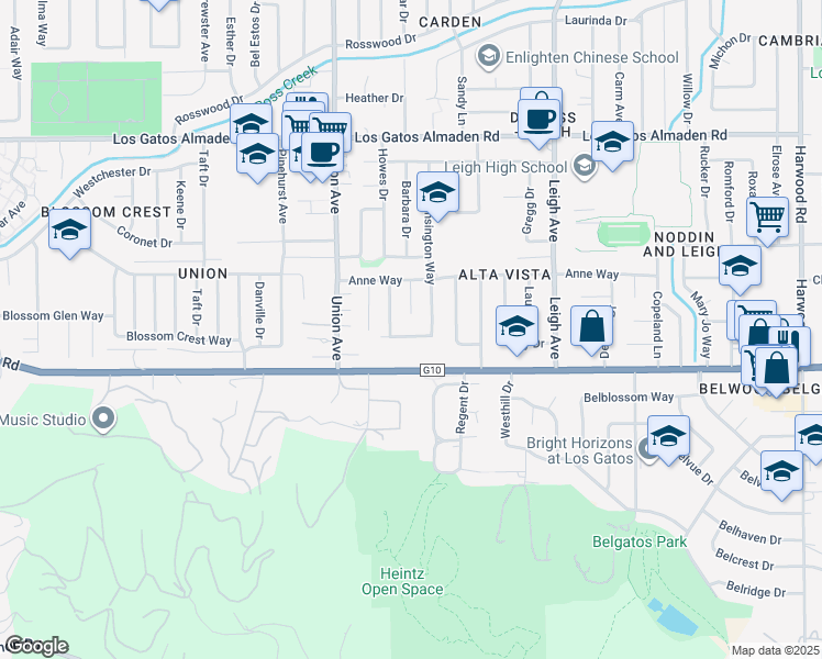 map of restaurants, bars, coffee shops, grocery stores, and more near 141 Cambrian View Way in Los Gatos