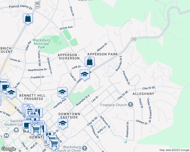 map of restaurants, bars, coffee shops, grocery stores, and more near 203 Orchard View Lane in Blacksburg