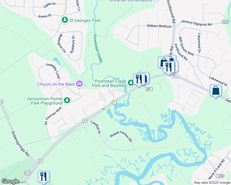 map of restaurants, bars, coffee shops, grocery stores, and more near 3504 London Company Way in Williamsburg