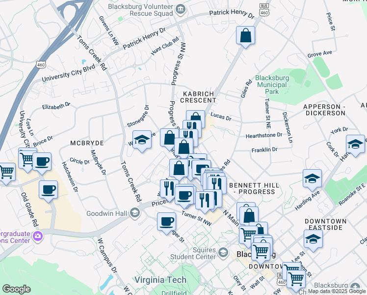 map of restaurants, bars, coffee shops, grocery stores, and more near 901 Progress Street Northeast in Blacksburg