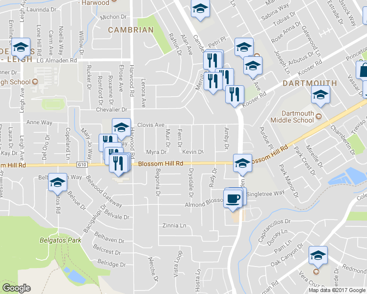 map of restaurants, bars, coffee shops, grocery stores, and more near 5533 Drysdale Drive in San Jose