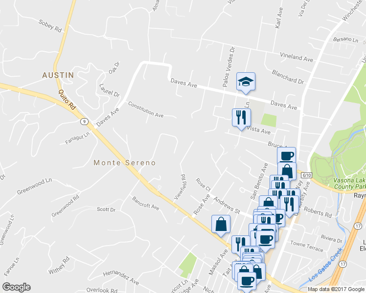 map of restaurants, bars, coffee shops, grocery stores, and more near 15965 Grandview Drive in Monte Sereno