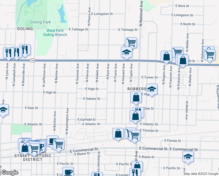 map of restaurants, bars, coffee shops, grocery stores, and more near 2214 North East Avenue in Springfield