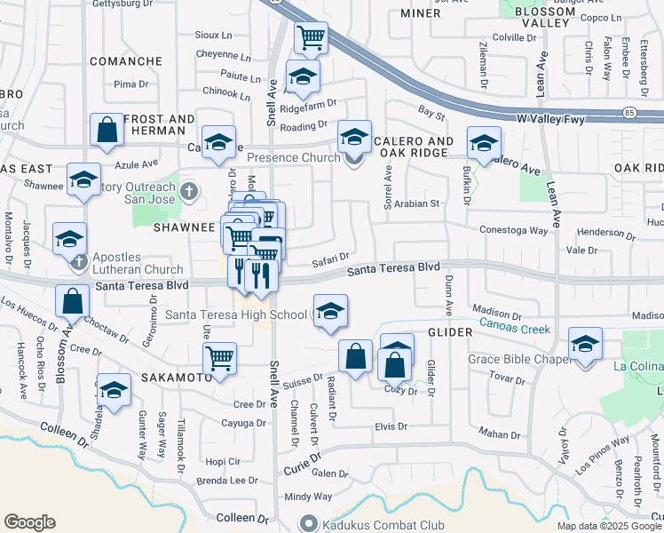 map of restaurants, bars, coffee shops, grocery stores, and more near in San Jose