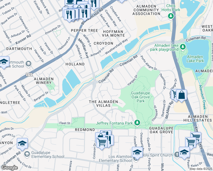 map of restaurants, bars, coffee shops, grocery stores, and more near 5925 Jenny Lind Court in San Jose
