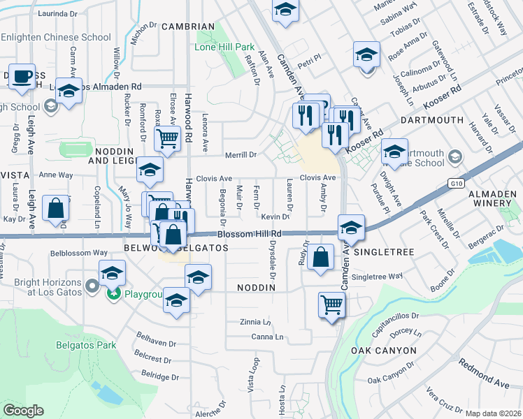 map of restaurants, bars, coffee shops, grocery stores, and more near 5536 Fern Drive in San Jose