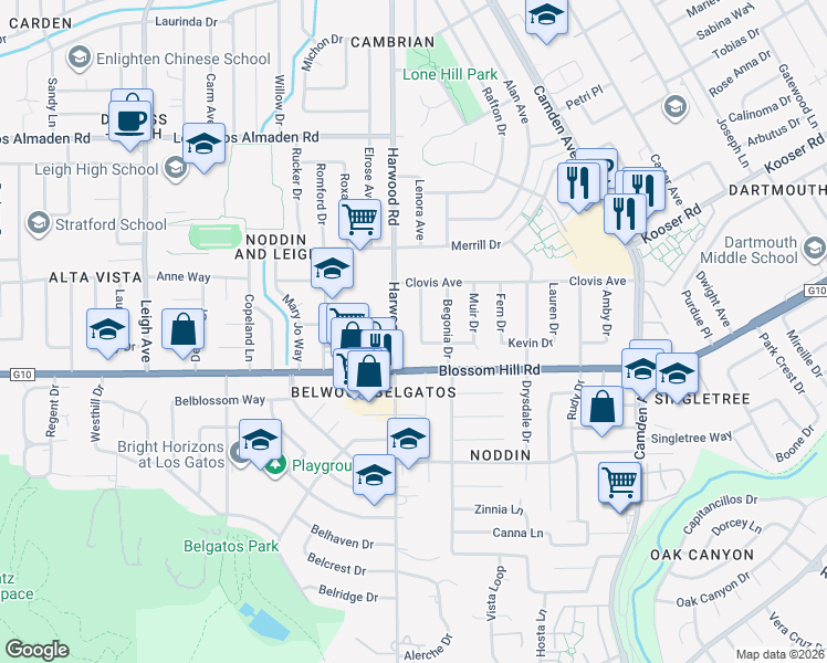 map of restaurants, bars, coffee shops, grocery stores, and more near 5531 Milligan Drive in San Jose