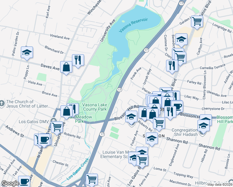 map of restaurants, bars, coffee shops, grocery stores, and more near California 17 in Los Gatos