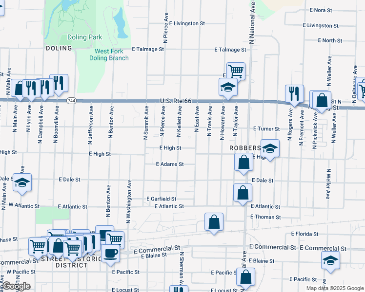 map of restaurants, bars, coffee shops, grocery stores, and more near 2202 North Kellett Avenue in Springfield