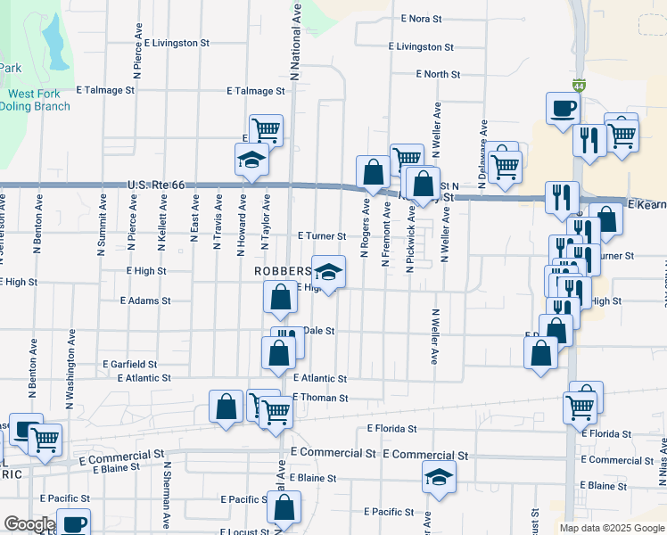 map of restaurants, bars, coffee shops, grocery stores, and more near 2223 North Prospect Avenue in Springfield