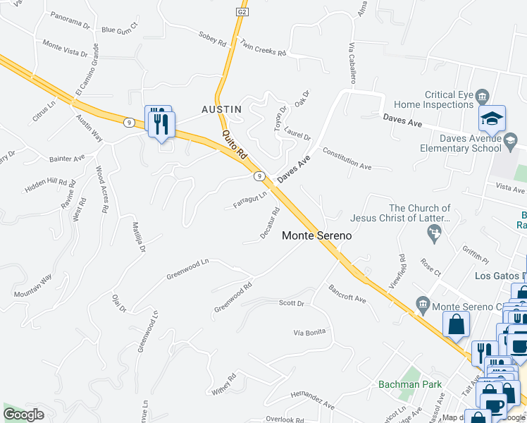 map of restaurants, bars, coffee shops, grocery stores, and more near 18510 Decatur Road in Los Gatos