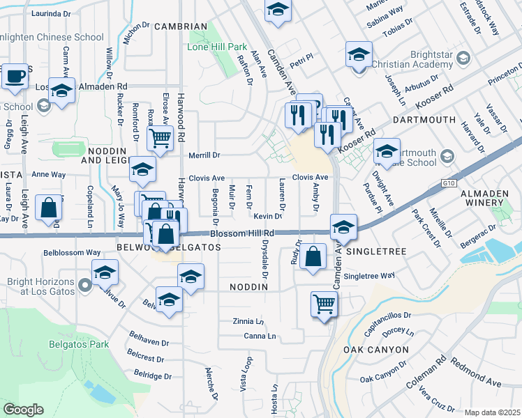 map of restaurants, bars, coffee shops, grocery stores, and more near 5533 Drysdale Drive in San Jose