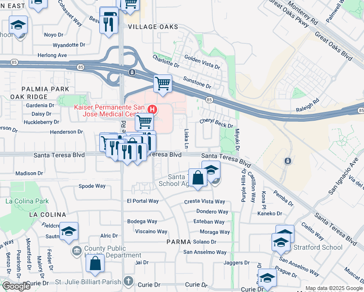map of restaurants, bars, coffee shops, grocery stores, and more near 5971 Liska Lane in San Jose