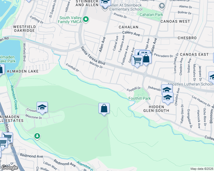 map of restaurants, bars, coffee shops, grocery stores, and more near 908 Foothill Drive in San Jose