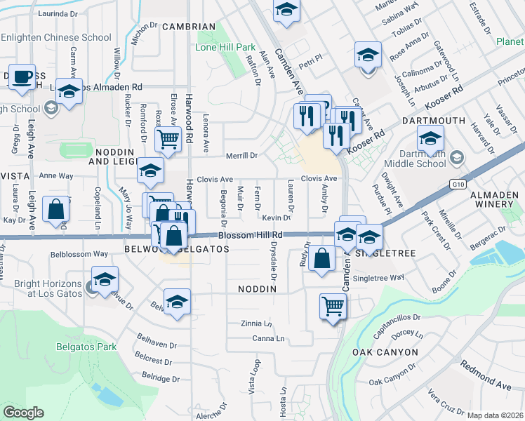 map of restaurants, bars, coffee shops, grocery stores, and more near 5533 Drysdale Drive in San Jose