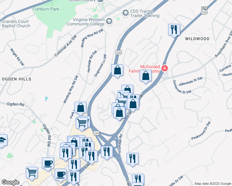 map of restaurants, bars, coffee shops, grocery stores, and more near 734 Townside Road Southwest in Roanoke