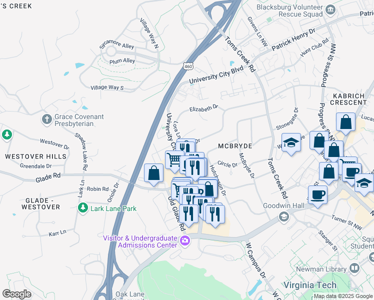 map of restaurants, bars, coffee shops, grocery stores, and more near 901 Broce Drive in Blacksburg