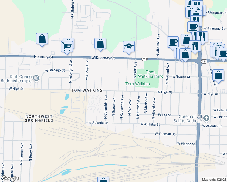 map of restaurants, bars, coffee shops, grocery stores, and more near 2422 West High Street in Springfield