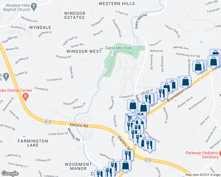 map of restaurants, bars, coffee shops, grocery stores, and more near 4218 Millcrest Court in Cave Spring