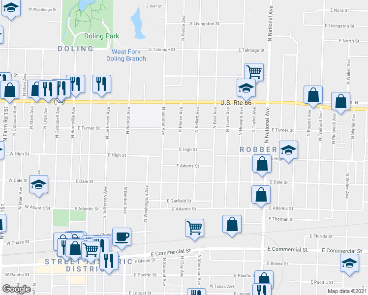 map of restaurants, bars, coffee shops, grocery stores, and more near 2202 North Pierce Avenue in Springfield