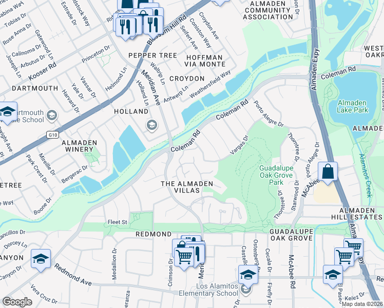 map of restaurants, bars, coffee shops, grocery stores, and more near 5925 Jenny Lind Court in San Jose