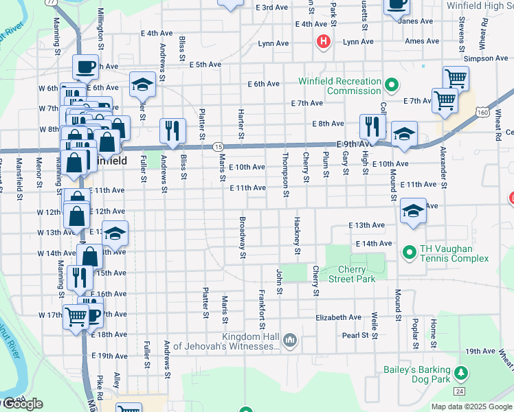 map of restaurants, bars, coffee shops, grocery stores, and more near 900 East 12th Avenue in Winfield