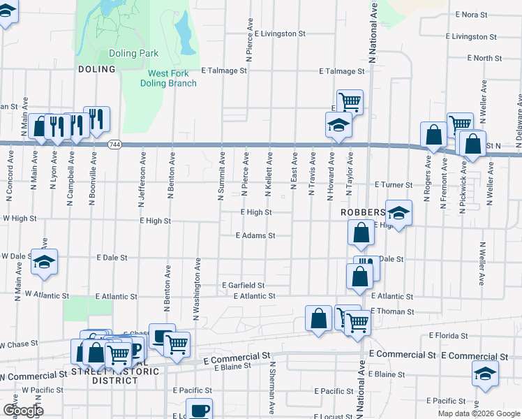 map of restaurants, bars, coffee shops, grocery stores, and more near 2202 North Pierce Avenue in Springfield