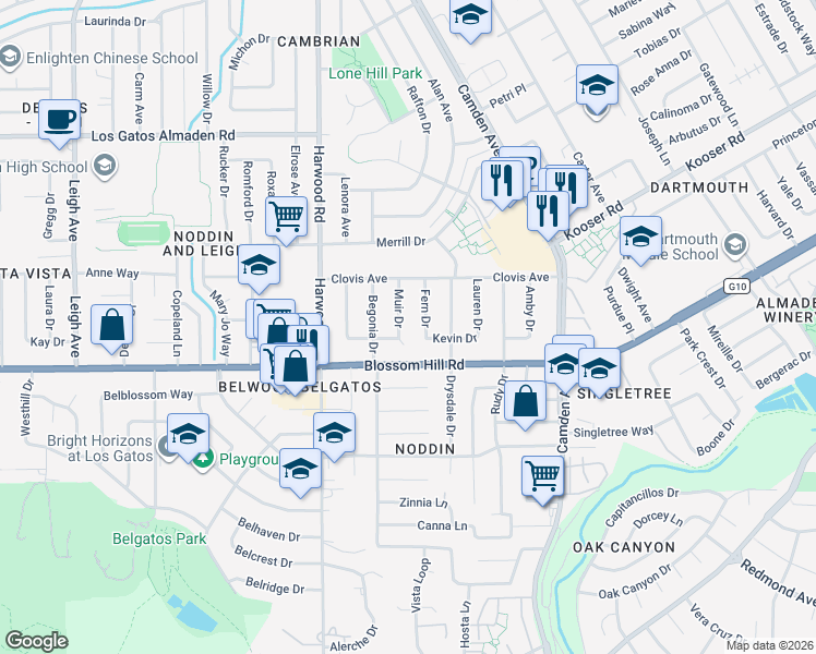 map of restaurants, bars, coffee shops, grocery stores, and more near 5528 Muir Drive in San Jose