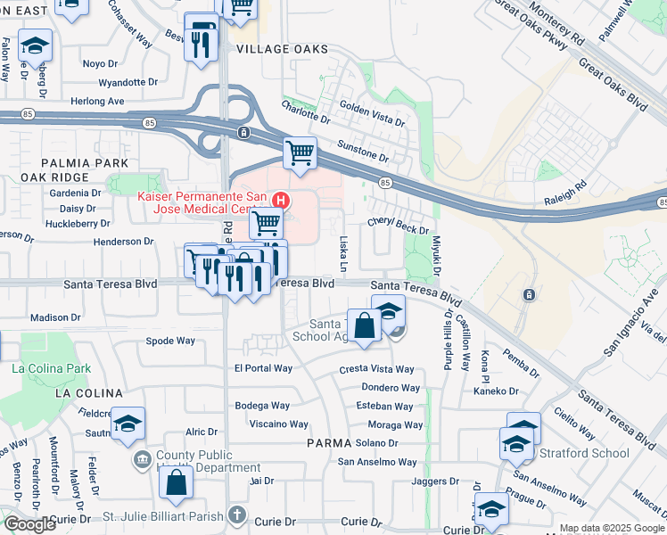 map of restaurants, bars, coffee shops, grocery stores, and more near 6250 Santa Teresa Boulevard in San Jose