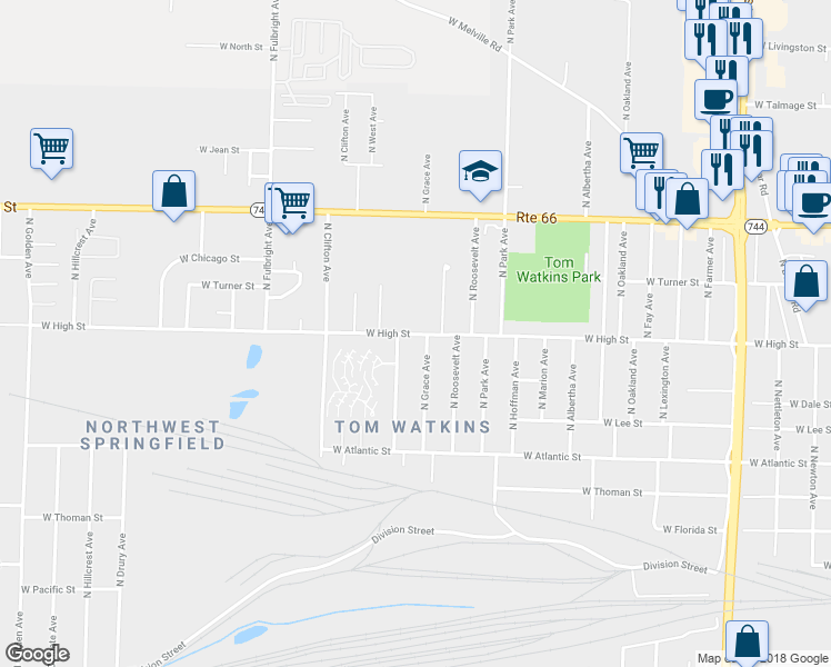 map of restaurants, bars, coffee shops, grocery stores, and more near 2415 West High Street in Springfield