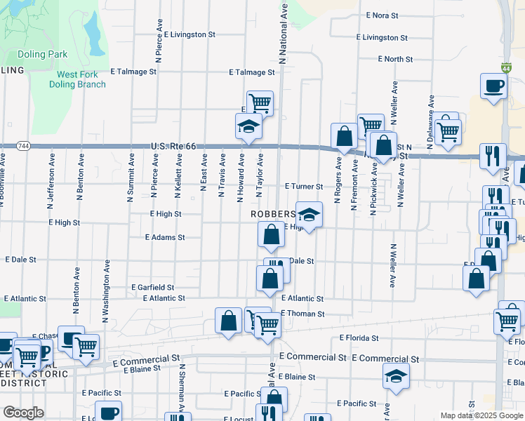 map of restaurants, bars, coffee shops, grocery stores, and more near 2216 North Taylor Avenue in Springfield