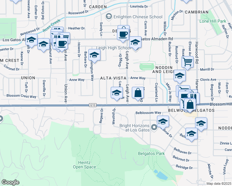 map of restaurants, bars, coffee shops, grocery stores, and more near 5526 Sharon Lane in San Jose