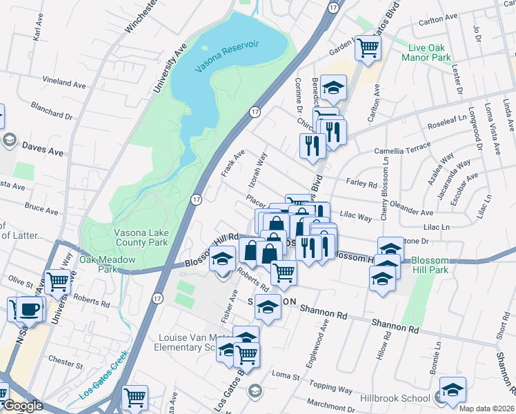 map of restaurants, bars, coffee shops, grocery stores, and more near 16870 Placer Oaks Road in Los Gatos