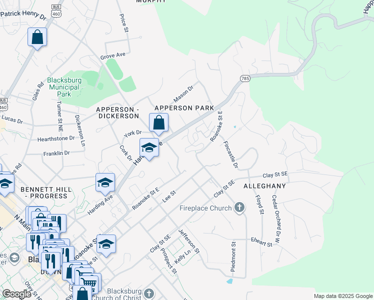 map of restaurants, bars, coffee shops, grocery stores, and more near 1001 Chateau Court in Blacksburg