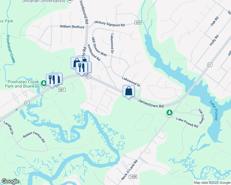map of restaurants, bars, coffee shops, grocery stores, and more near 25 Bromley Drive in Williamsburg
