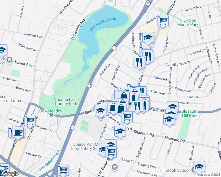 map of restaurants, bars, coffee shops, grocery stores, and more near 110 Oak Rim Court in Los Gatos
