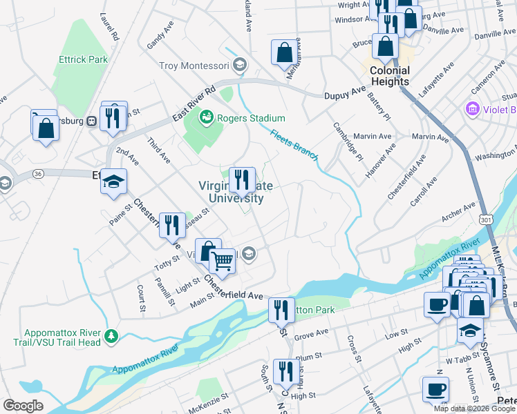 map of restaurants, bars, coffee shops, grocery stores, and more near 1 Hayden Street in Petersburg