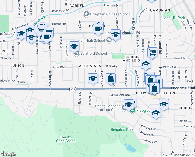 map of restaurants, bars, coffee shops, grocery stores, and more near 5530 Laura Drive in San Jose