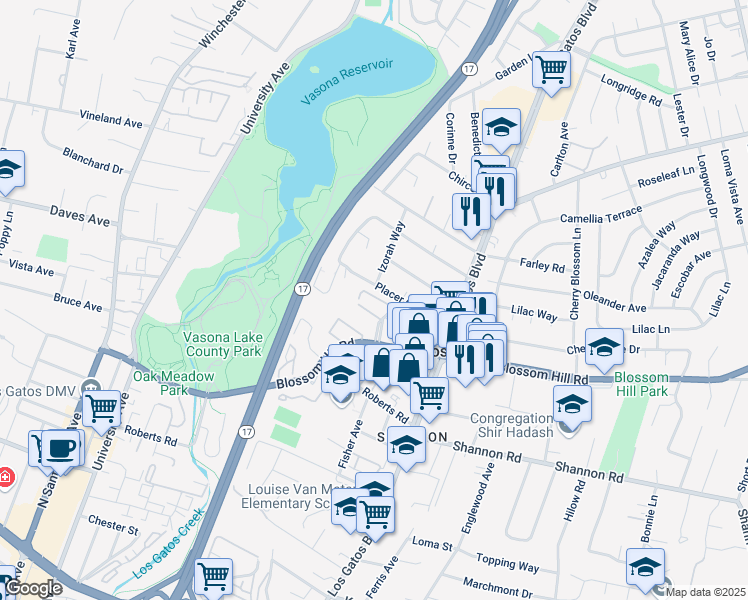 map of restaurants, bars, coffee shops, grocery stores, and more near 110 Oak Rim Court in Los Gatos