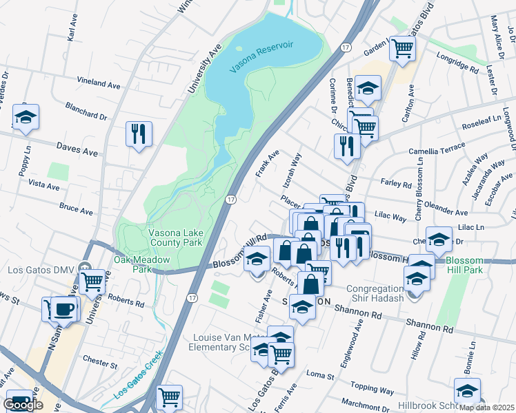 map of restaurants, bars, coffee shops, grocery stores, and more near 107 Oak Rim Court in Los Gatos