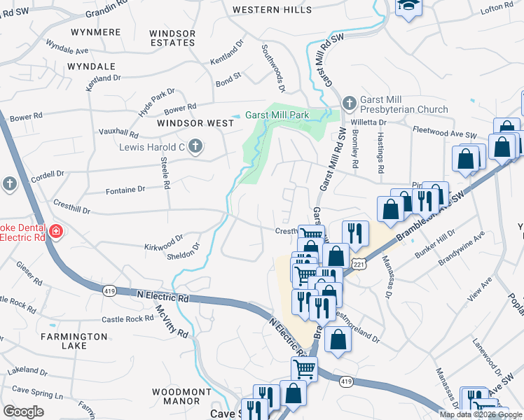 map of restaurants, bars, coffee shops, grocery stores, and more near 4221 Millcrest Court in Cave Spring